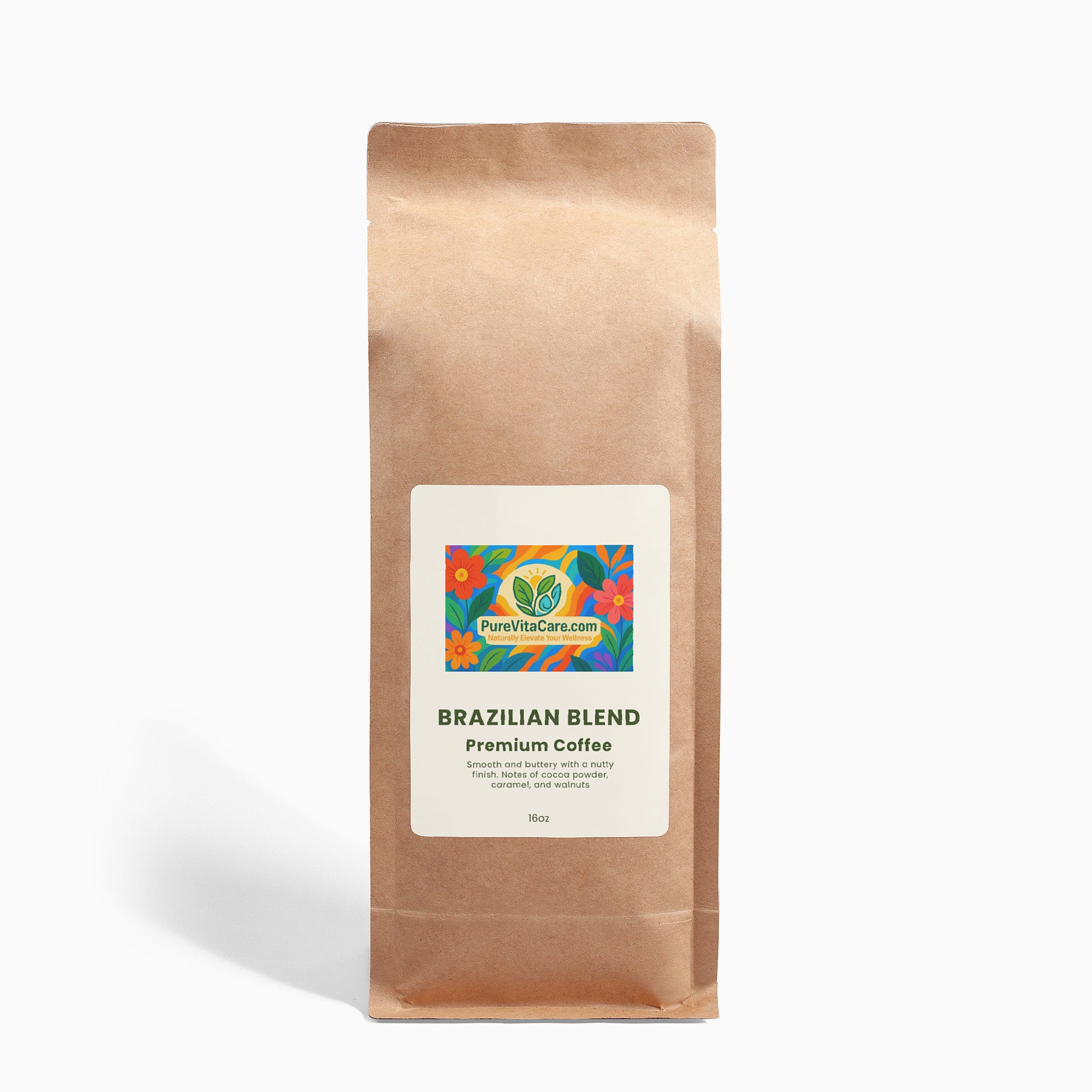 Stand-up pouch of single-origin Brazilian Blend 16oz premium roasted coffee beans, front view