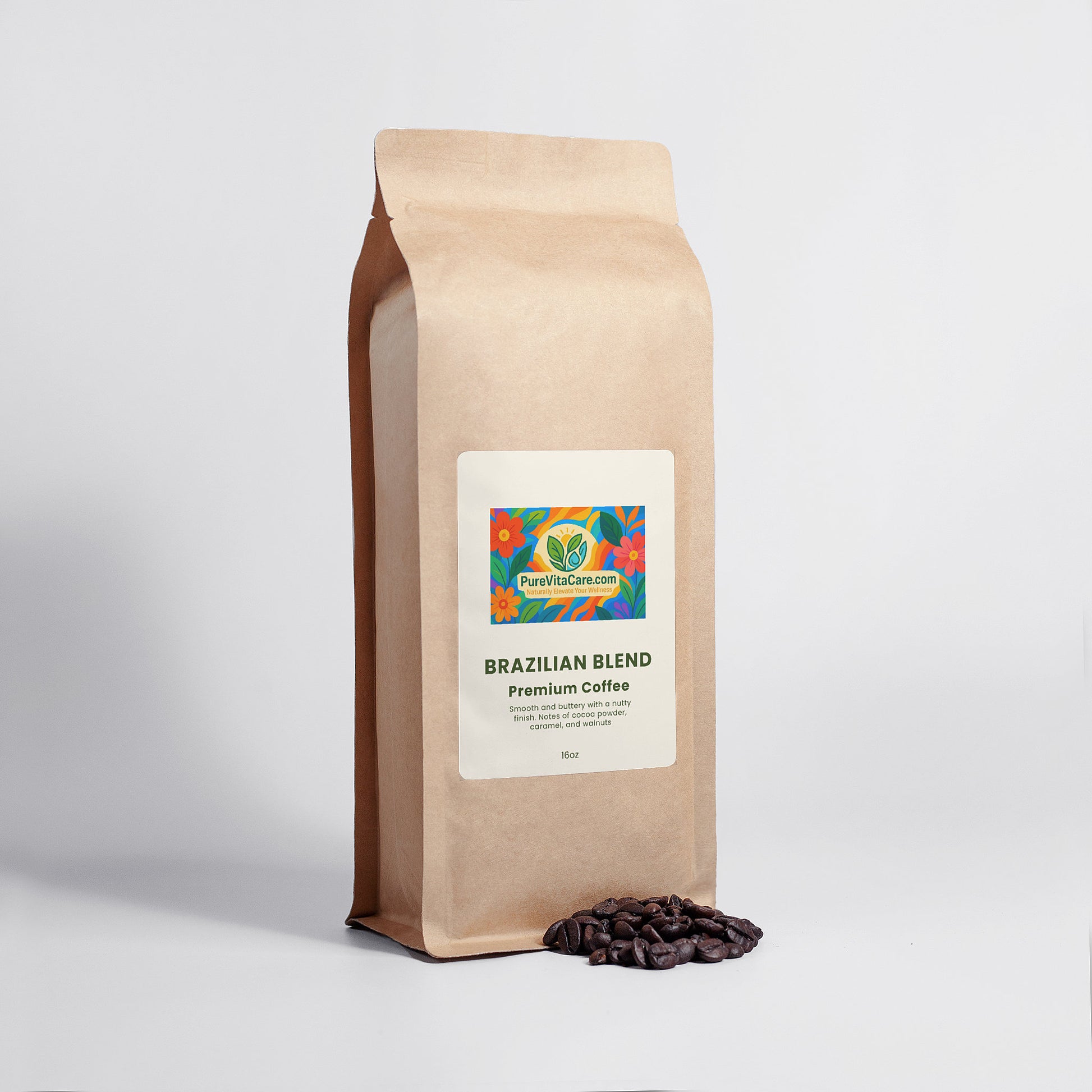 Stand-up pouch of single-origin Brazilian Blend 16oz premium roasted coffee beans, front view